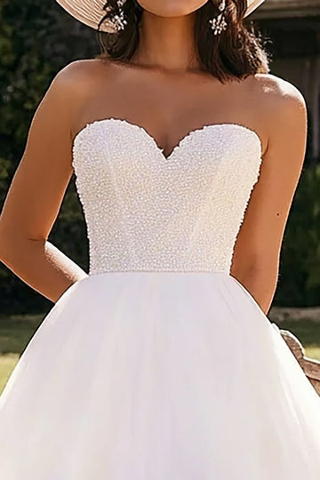 Strapless A Line White Knee Length Wedding Dress With Beading